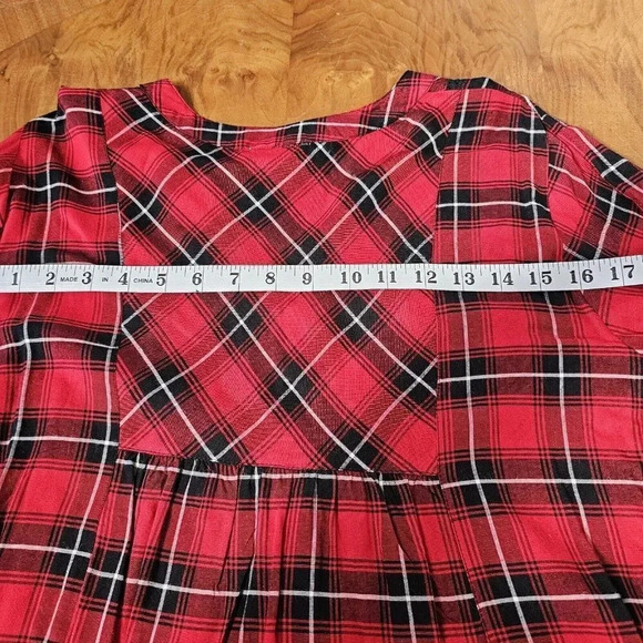 Lola P. Women’s L Boho Peasant Plaid Lace Trimmed Bell Sleeve Tunic Relaxed NWT - Picture 5 of 14